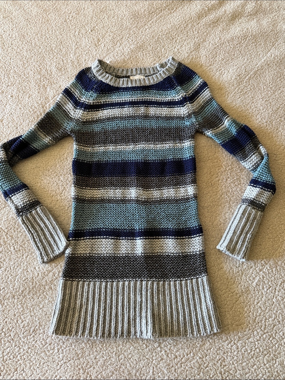 Between Me & You Striped Crewneck Sweater in Gray and Blue XS